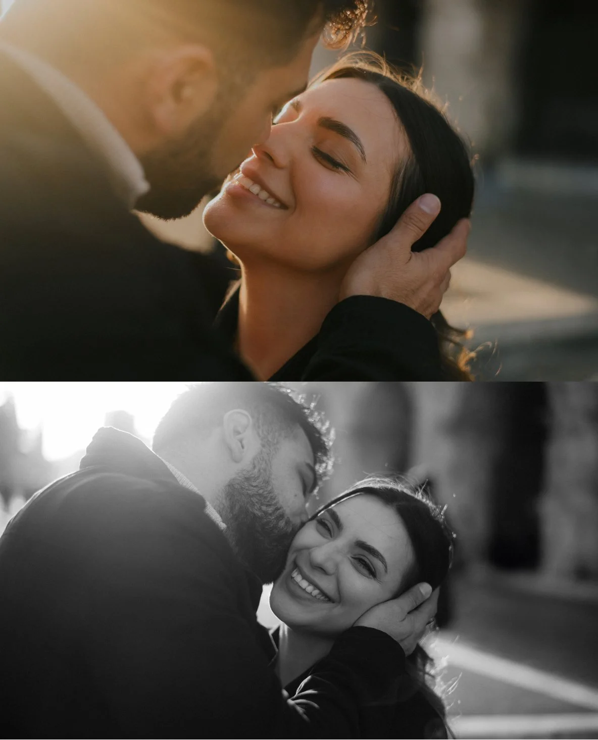 A couple sharing a tender moment outdoors, the man gently holds the woman's head as they smile lovingly at each other, bathed in warm, natural sunlight.