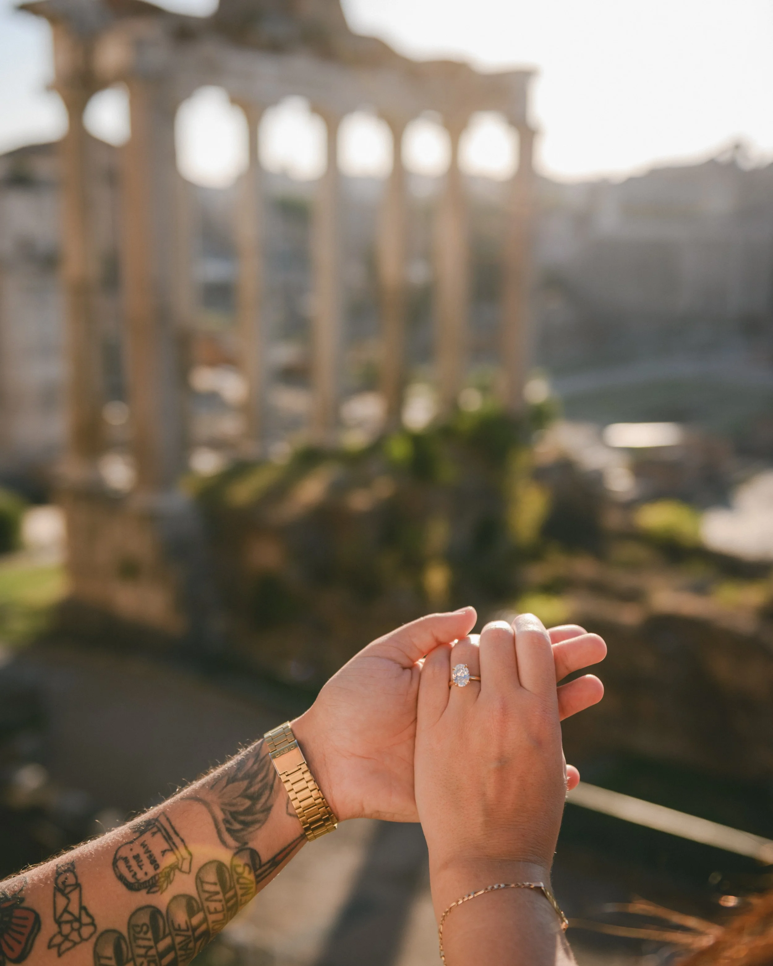 Close up of engagement ring during a proposal in Rome