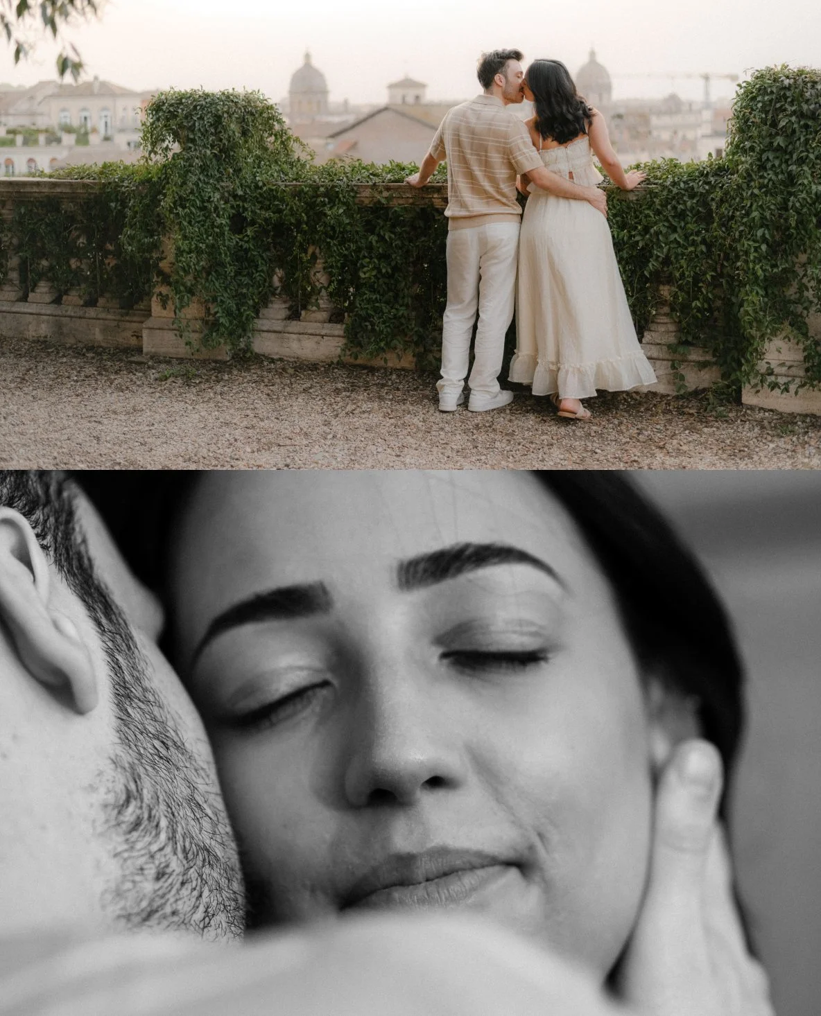 Couple kissing in Rome at sunrise, intimate cinematic couple photoshoot