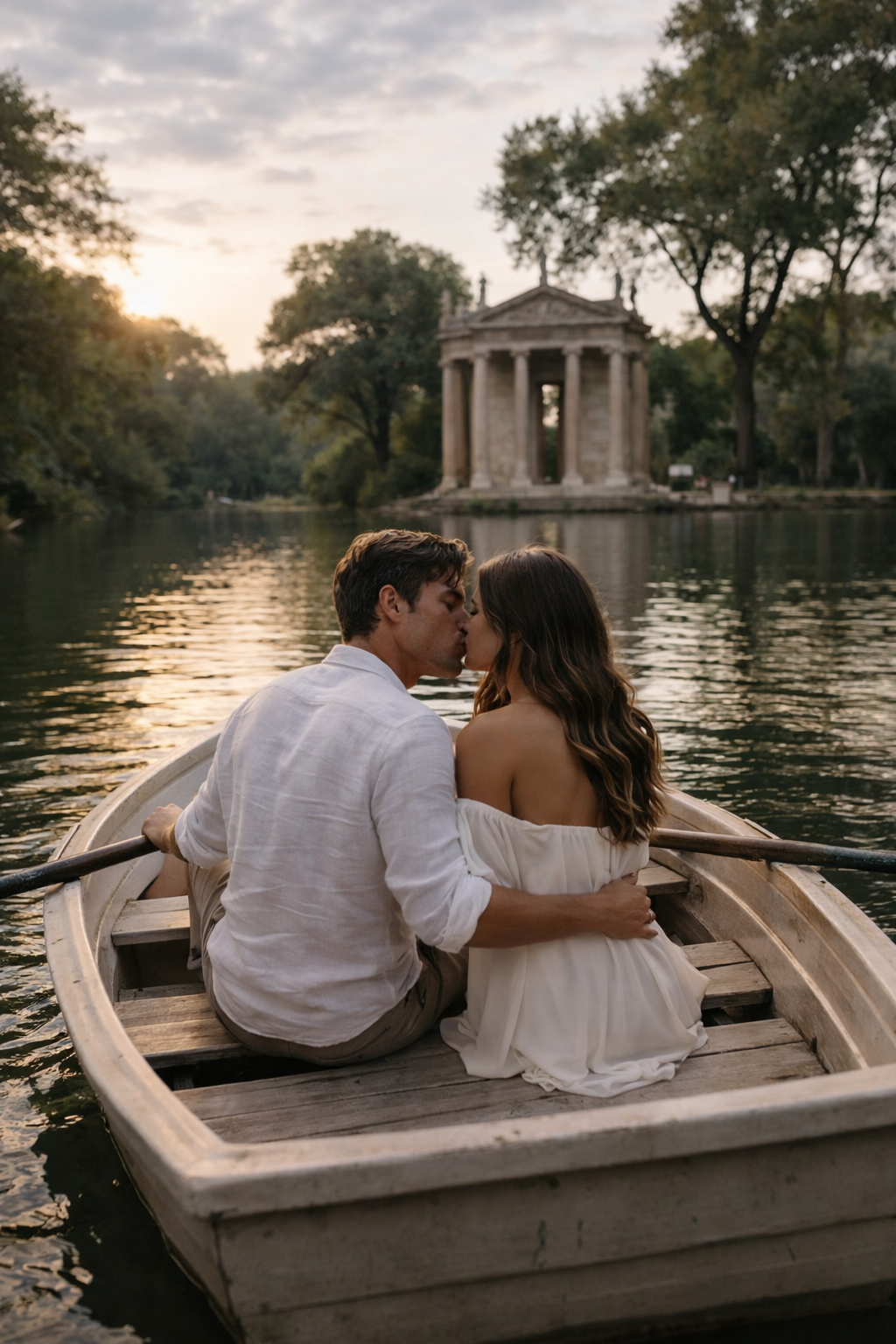 Couple on a boat at Villa Borghese lake in Rome during proposal photoshoot