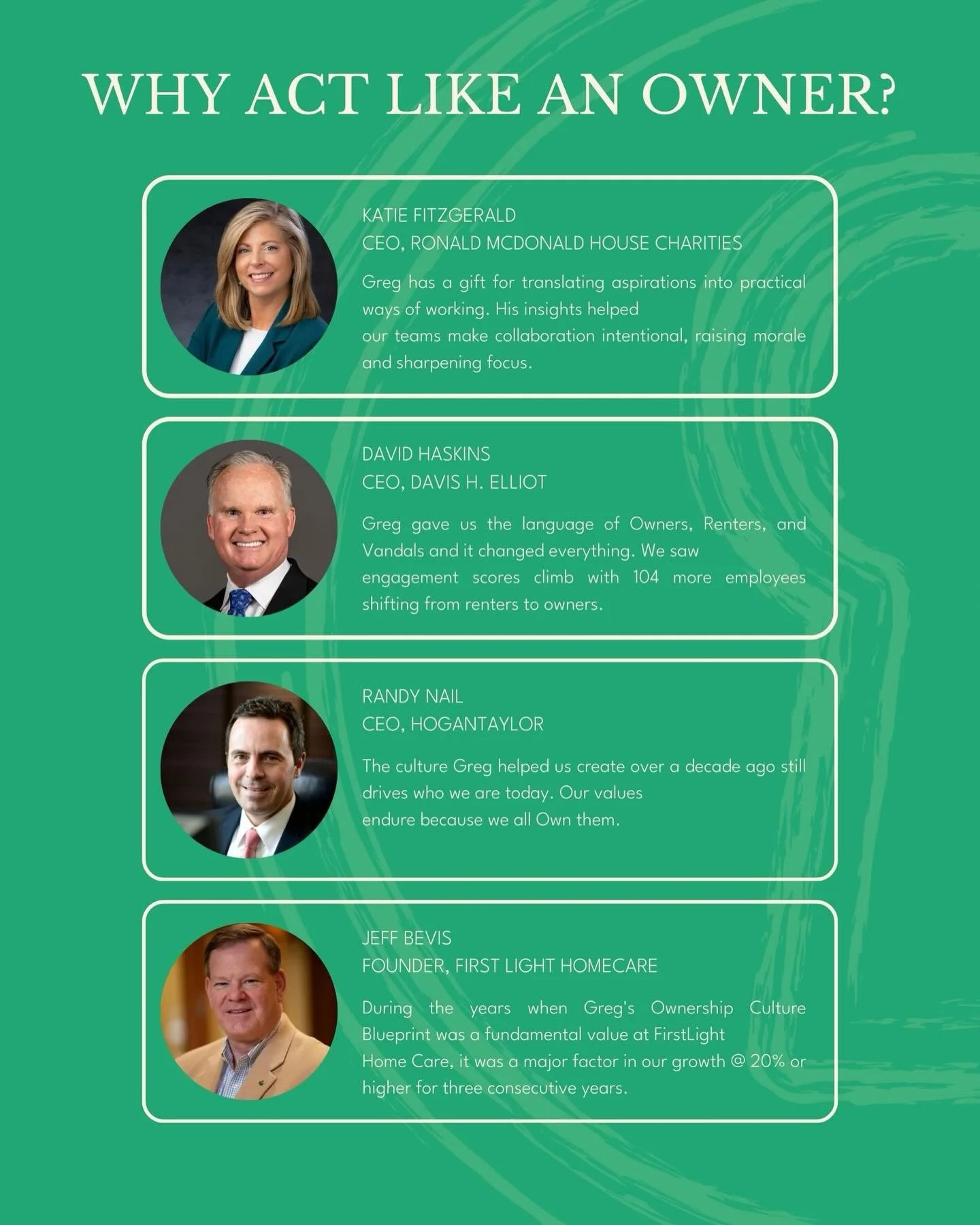 I asked some of the sharpest leaders I know one question: What has the Ownership Mindset done for your culture and leadership?

&ldquo;Greg gave us the language of Owners, Renters, and Vandals and it changed everything. We saw engagement scores climb