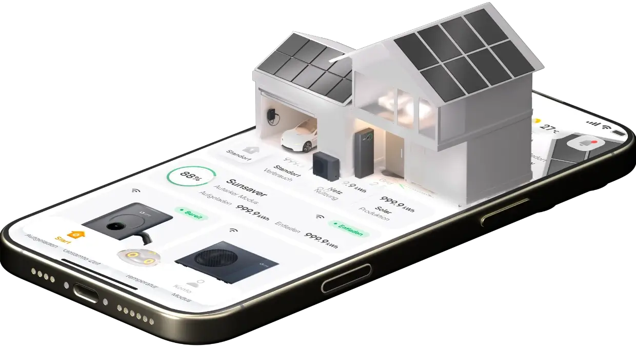 Animation der myLumenHaus App von homesun solar: Wallbox, Wärmepumpe, Solarmodule und Energiespeicher übersichtlich dargestellt