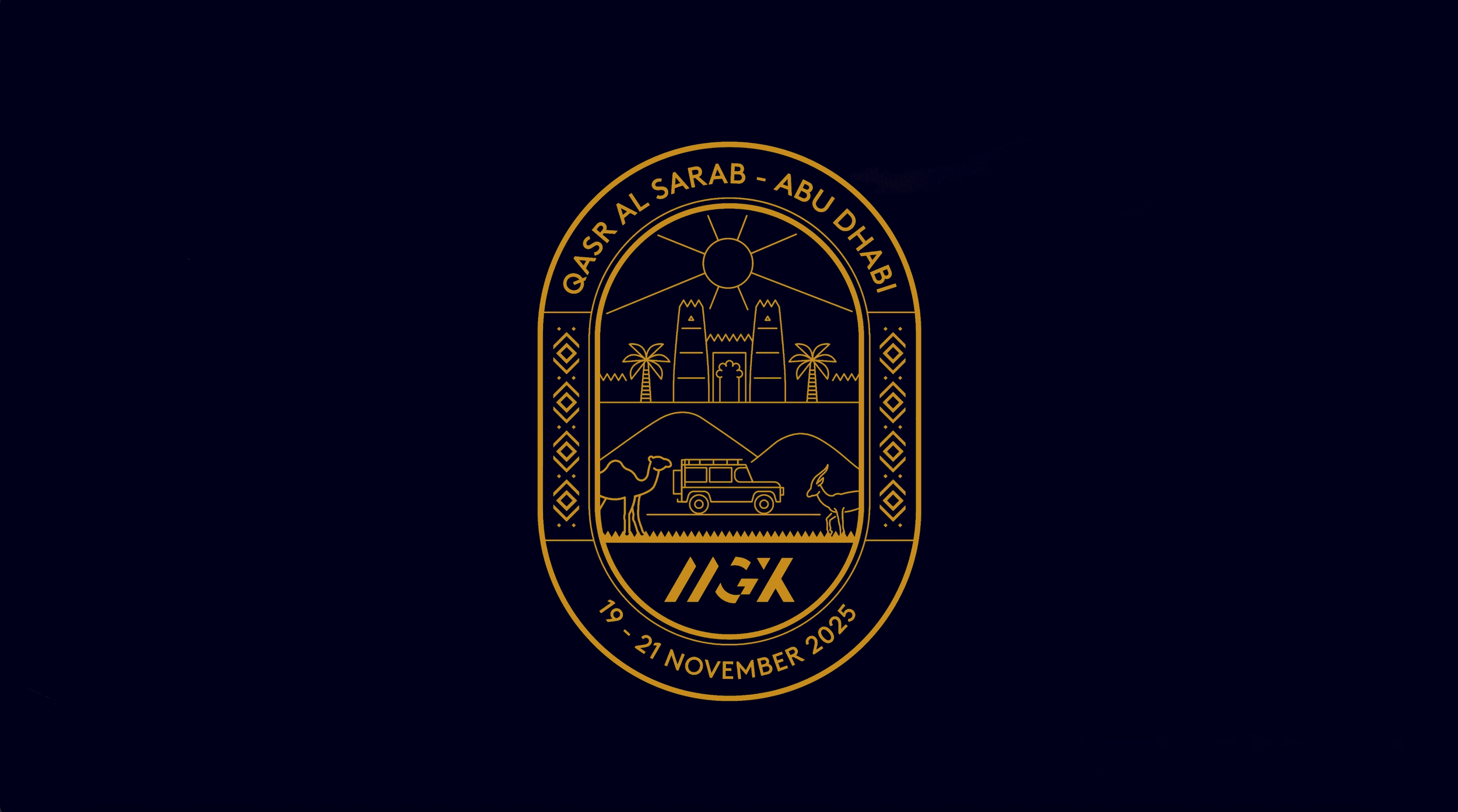 Gold line art emblem for Qasr Al Sarab Abu Dhabi, featuring a sun, desert landscape with palm trees, a camel, an off-road vehicle, and mountains, with the date November 19-21, 2025.