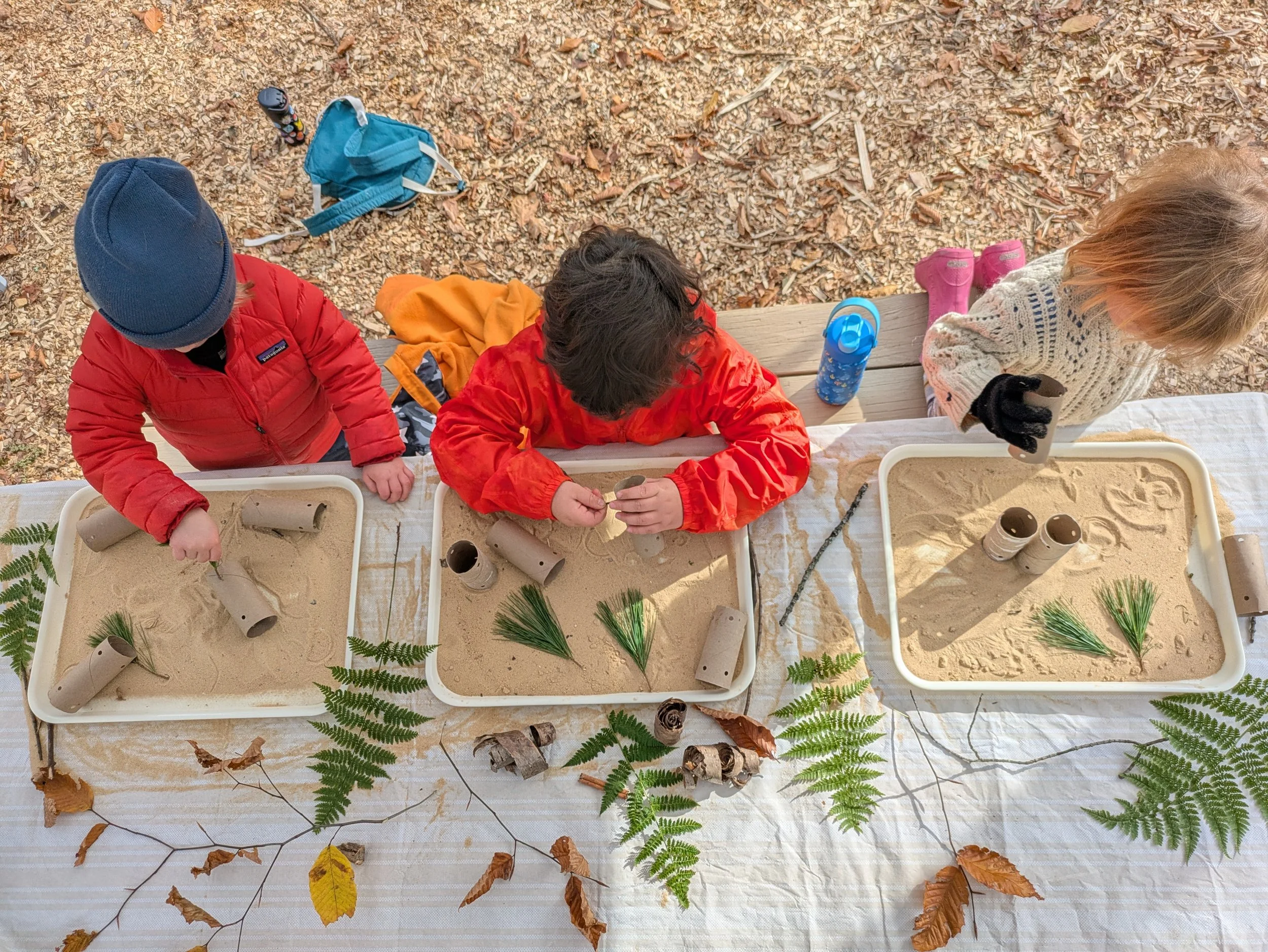 image shows three children sitting at a table outdoors with sand activity trays surrounded by natural elements such as leaves, ferns and curls of birch tree bark
