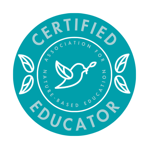 Image reads "Certified Educator" and "Association for nature-based education". The logo is a teal colored circle with a small bird in the center holding a leaf in its beak.