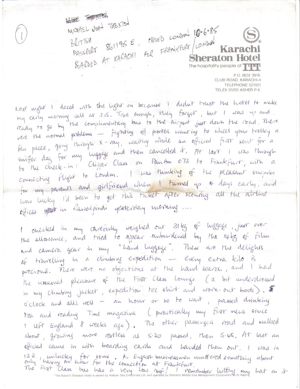 The start of the statement I wrote out in the Karachi Sheraton, 5/6 September 1986
