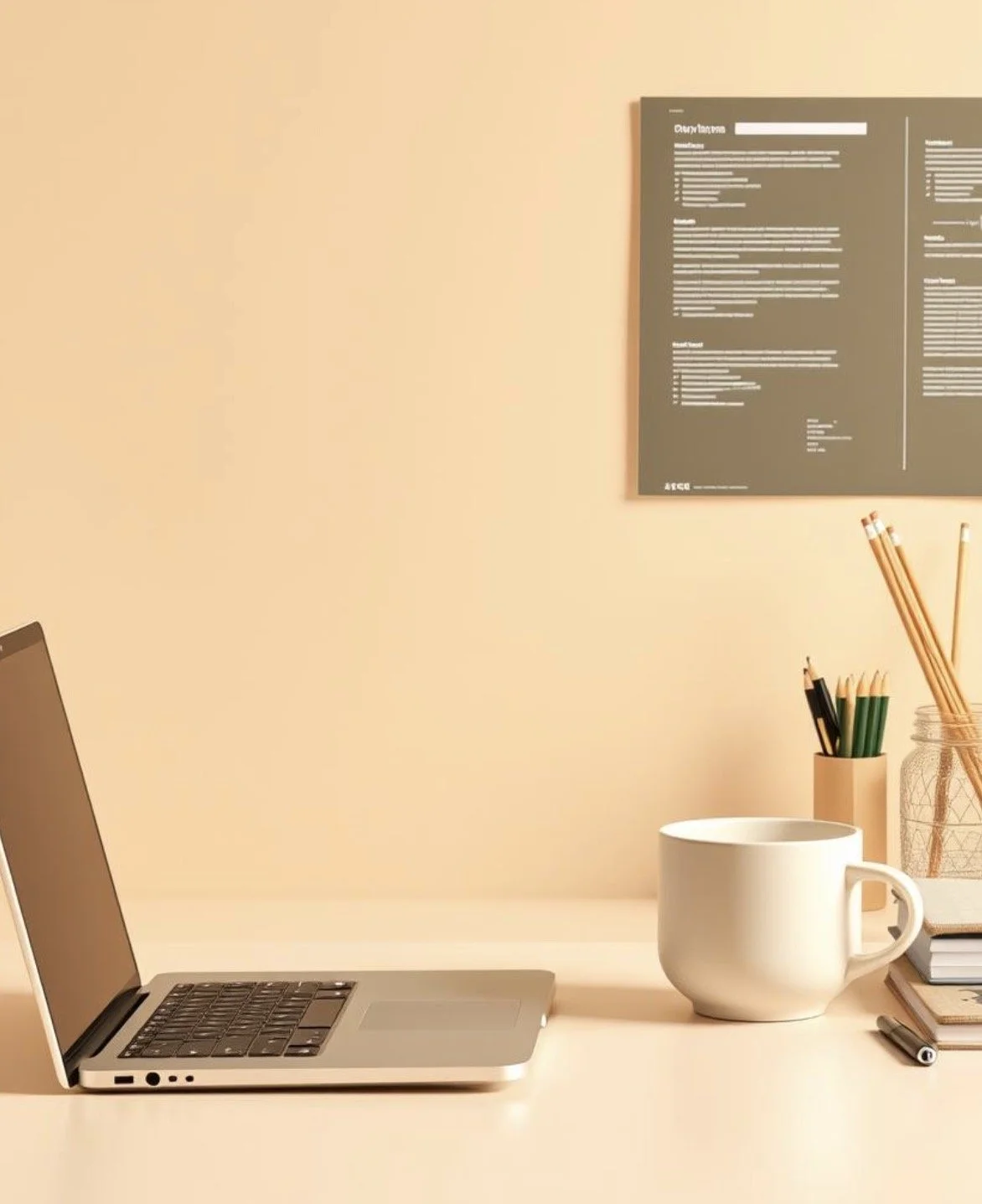 Minimalist workspace with a silver laptop, a white mug, and a jar of pencils on a white desk against a plain beige wall with a brown framed menu or poster.