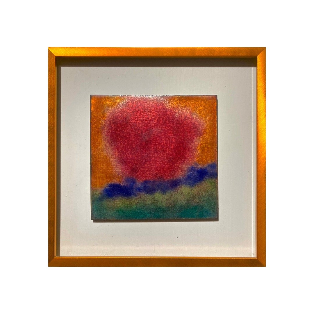 &quot;Burning Bush&quot; 2017, Enamel on copper, 10&quot; x 10&quot; framed, $700+shipping #contemporaryart #fineart #art #floral #red #gold #blue #green #wildfire #vista #instagram #nature #style #springvibes #flowers #creators #mindfulmeditation #i