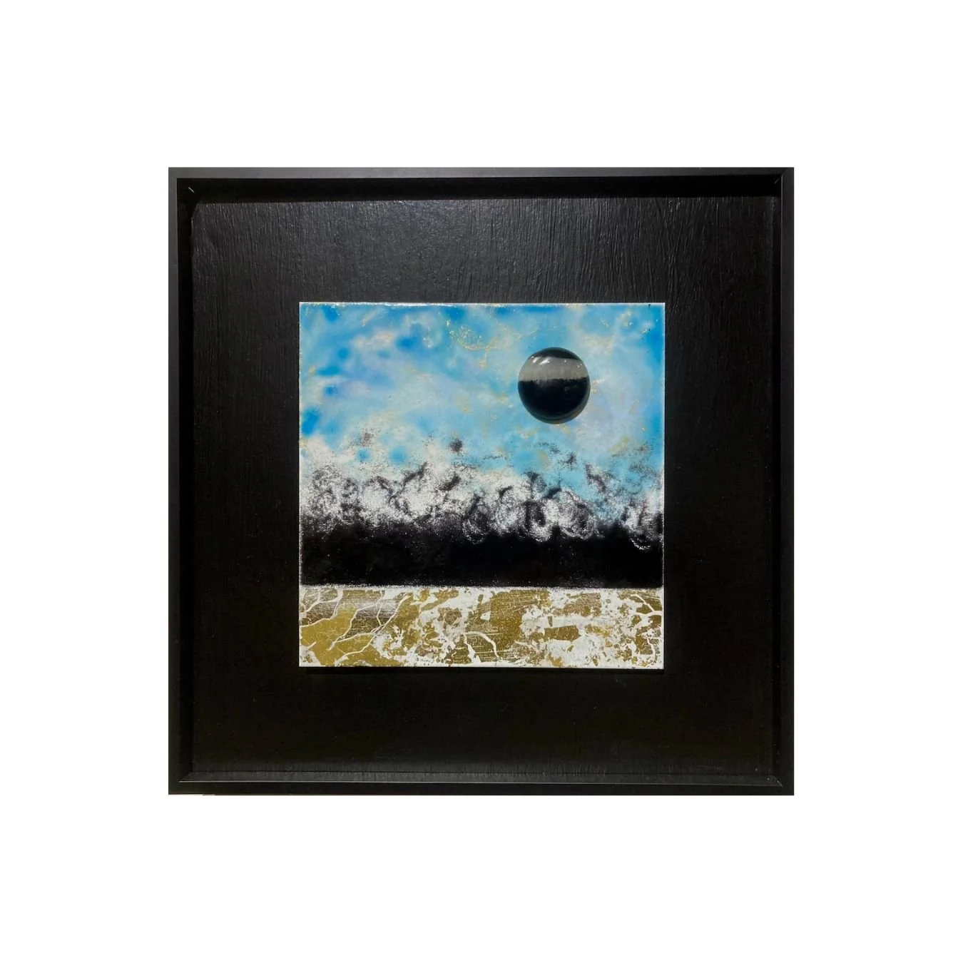 Bring home the &quot;Black Moon&quot;, enamel on steel with a semi-precious stone, measuring 10&quot; x 10&quot; with the frame. Purchase here: https://artists-studios.com/ruth-steinberg-art-store/black-moon #buynow #acquire #blackmoon #august22 #vir