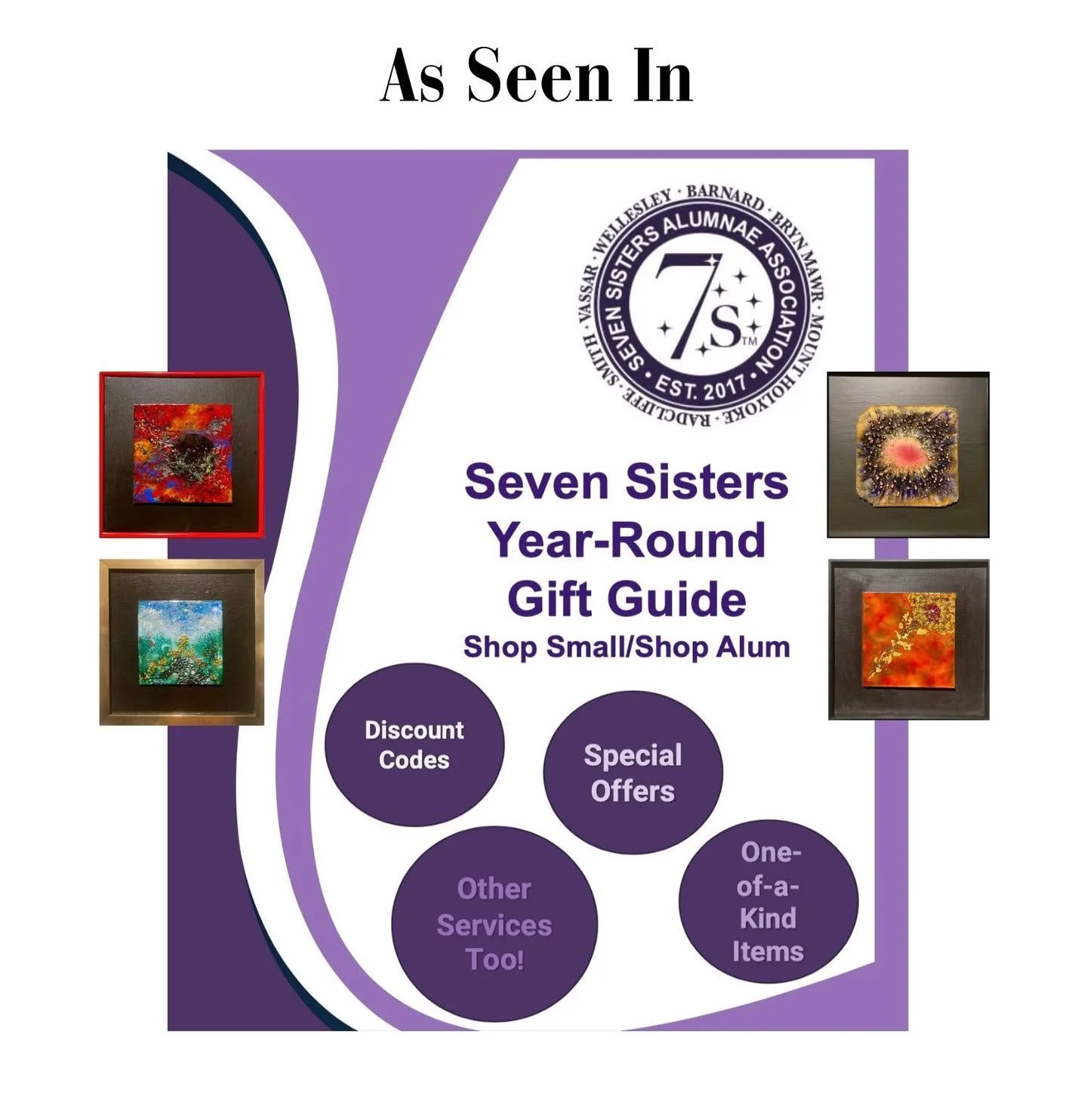 7S - Seven Sisters Gift Guide features 4 paintings by Ruth Steinberg: &quot;Cosmic Explosion,&quot; &quot;Summer Day&quot;, &quot;A Star Is Born&quot; and &quot;Golden Rose&quot; https://irp.cdn-website.com/06bda345/files/uploaded/7SGiftGuide2025Octo