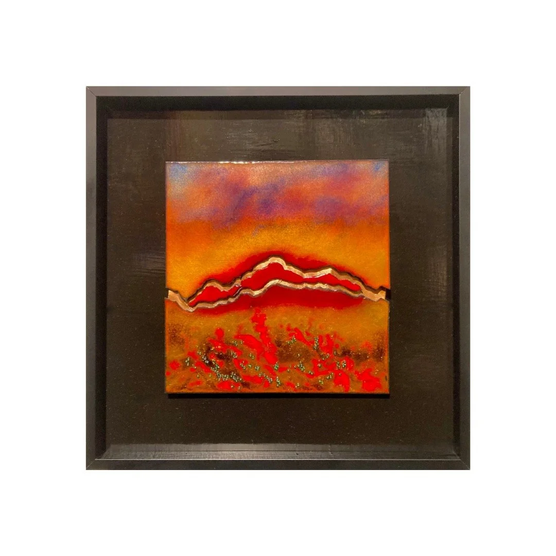 SOLD - "Mountain of Fire" 2025, Enamel on copper, 10" x 10" framed by Ruth Steinberg #soldout #holidayshopping #shop #red #orange #mountain #gold #contemporary #mountainoffire #mountain #fire #landscapeart #instagood #creators #na