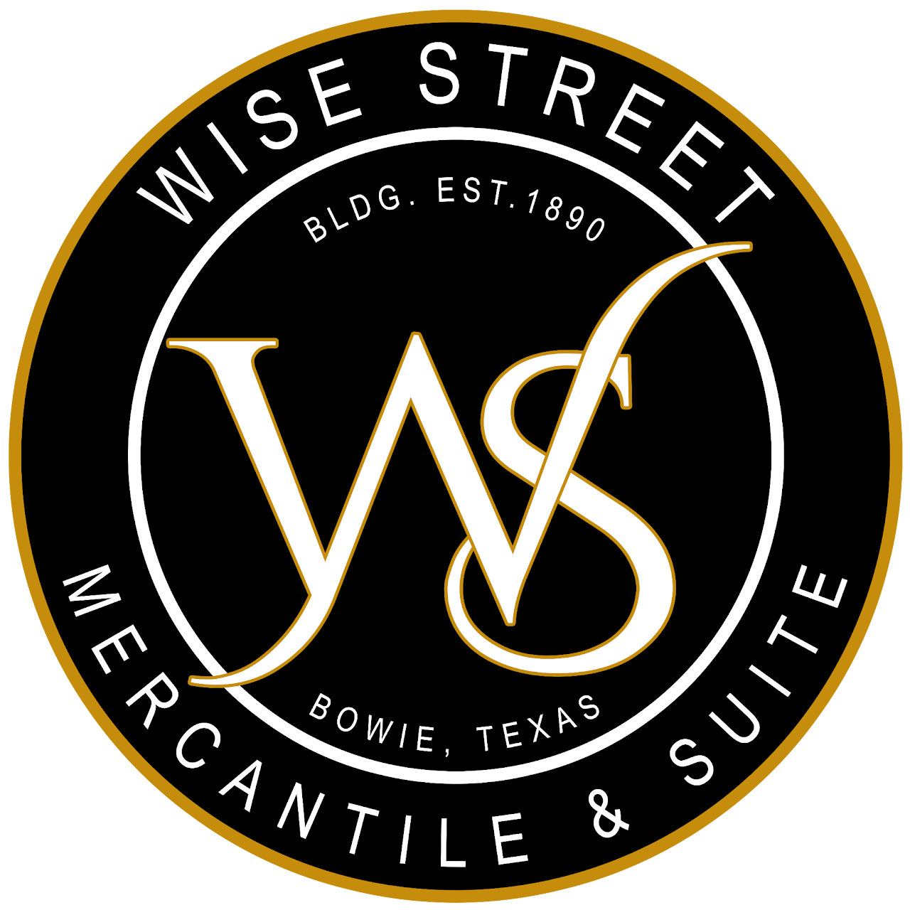 Wise Street Mercantile & Suite logo with 'WS' initials, established 1890, Bowie, Texas, circular design.