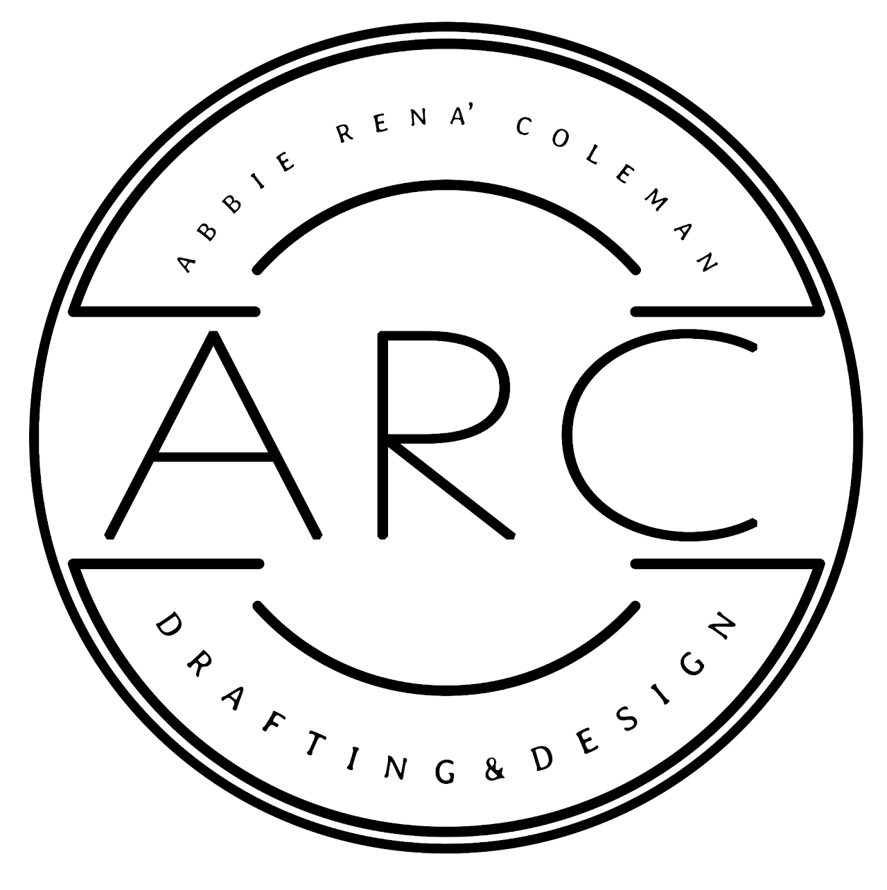 Logo for Abbie Rena' Coleman Drafting & Design, featuring large initials 'ARC' in the center with a circular design.
