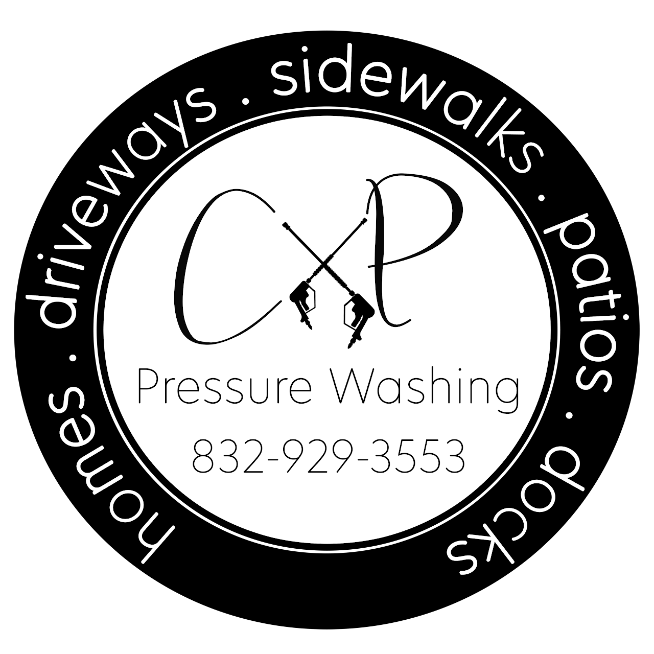 Logo for CXP Pressure Washing with crossed pressure washing nozzles, offering services for homes, driveways, sidewalks, patios, docks, and displays a phone number.