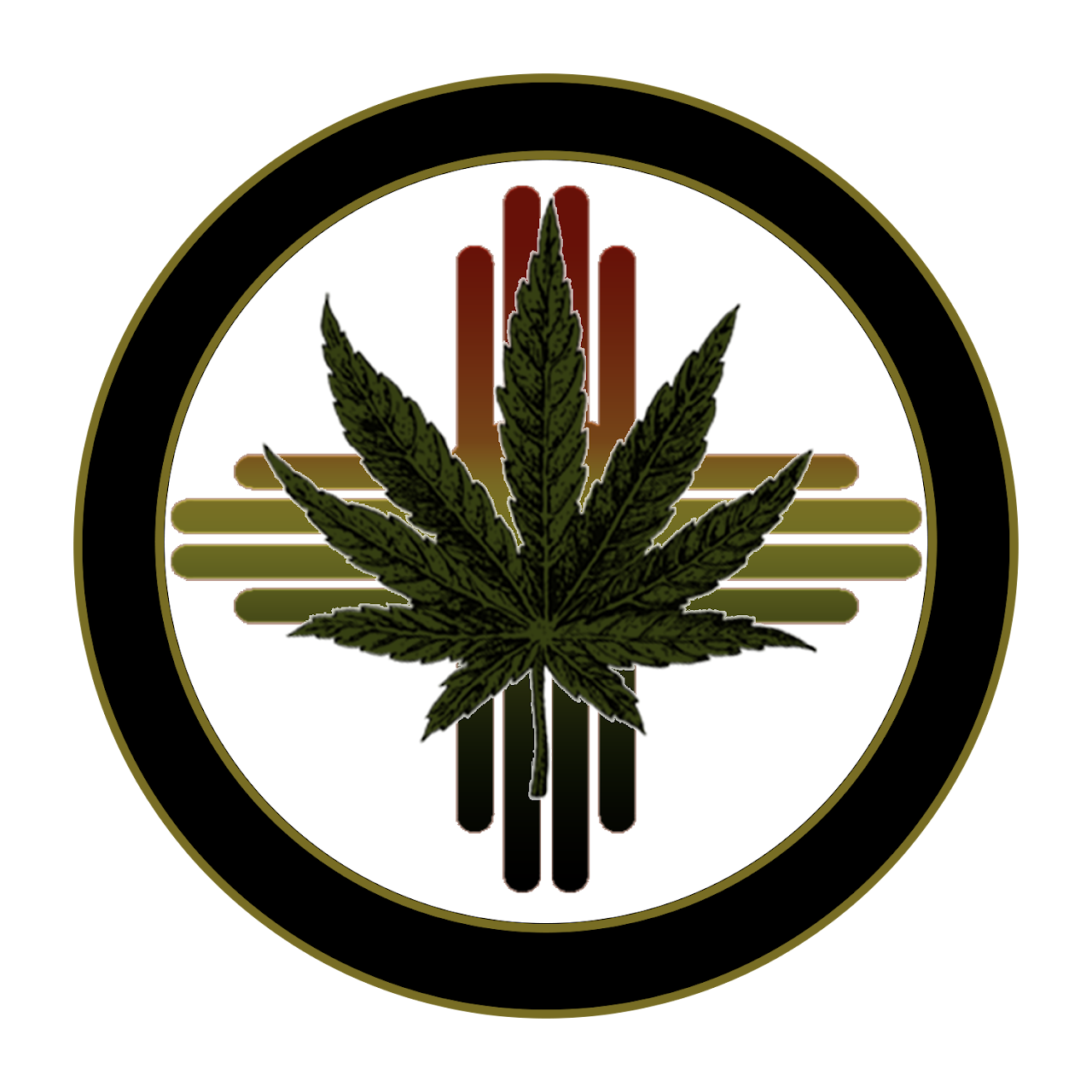 Marijuana leaf over a stylized sun-like pattern on a circular background.