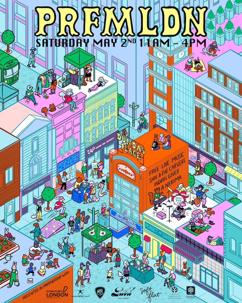 Cityscape with cartoon figures walking around, skateboarding, picknicking, sitting on the roof and playing music. Vendors set up around the block.  A lively fun atmosphere advertising Punk Rock Flea Market London's event on Saturday May 2 2026.
