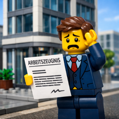 Eine Legoperson, die vor einem Bürogebäude (seiner Arbeitgeberin) steht und ein Arbeitszeugnis in der Hand hält. Die Person hat einen verzweifelten Gesichtsausdruck und fasst sich mit der anderen Hand an den Kopf.