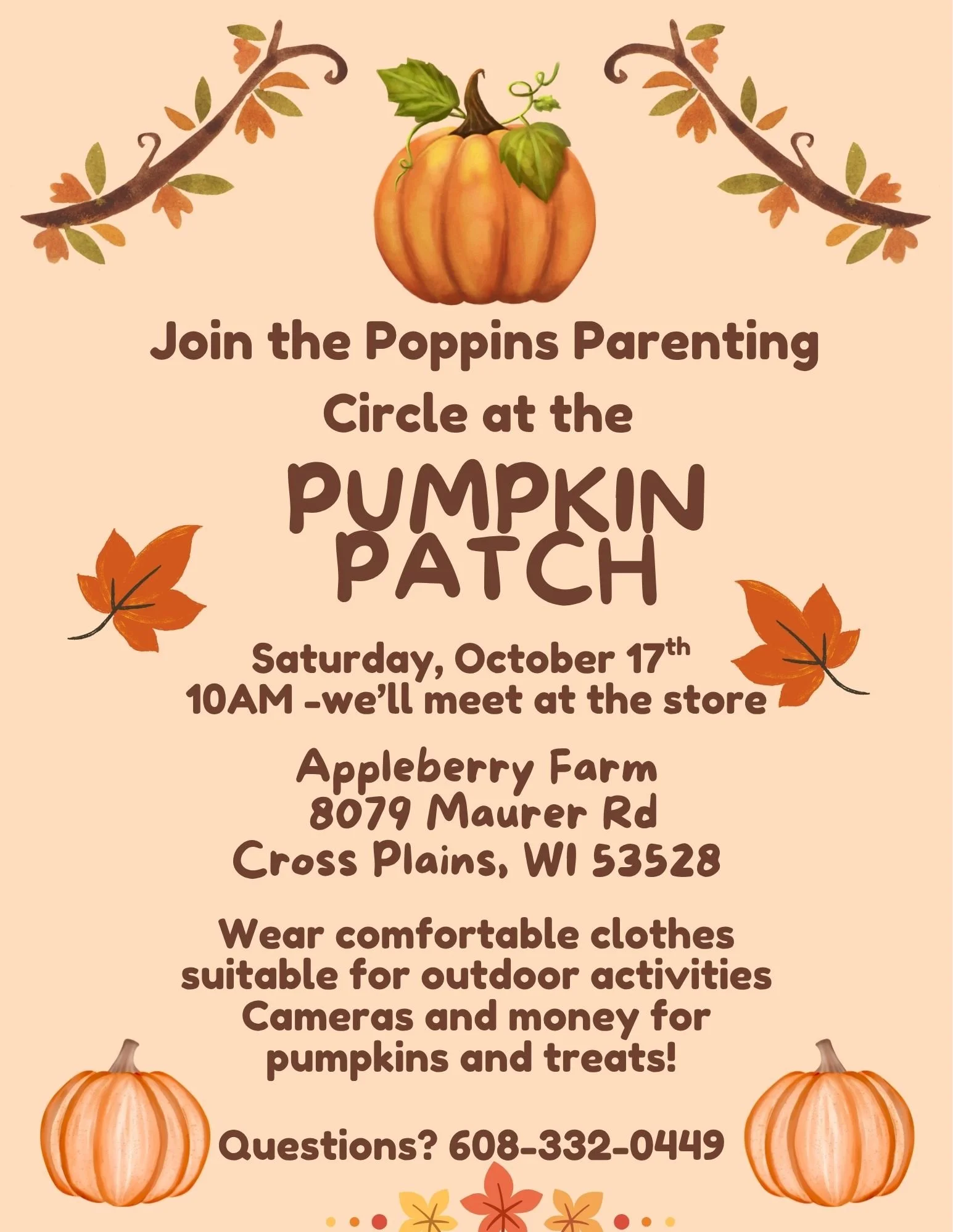 Flyer for a pumpkin patch event at Appleberry Farm on Saturday, October 17th, from 10AM, at 8079 Maurer Rd, Cross Plains, WI 53528. Includes decorations with pumpkins and fall leaves.