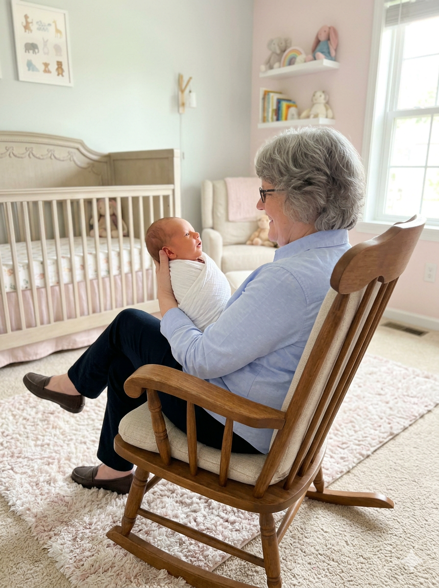 An elderly woman with gray hair and glasses smiling and holding a newborn wrapped in a white blanket in a cozy nursery with a crib, stuffed animals, and books.