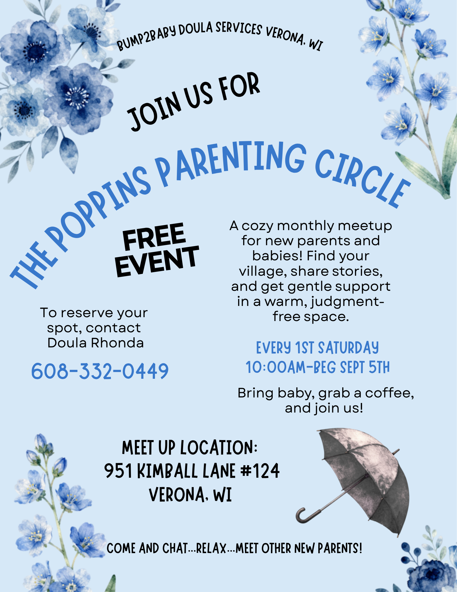 Flyer advertising Bump2Baby's new parenting circle for new parents starting on Sept 5th at their doula practice at 951 Kimball Lane #124 in Verona, WI at 10 am.