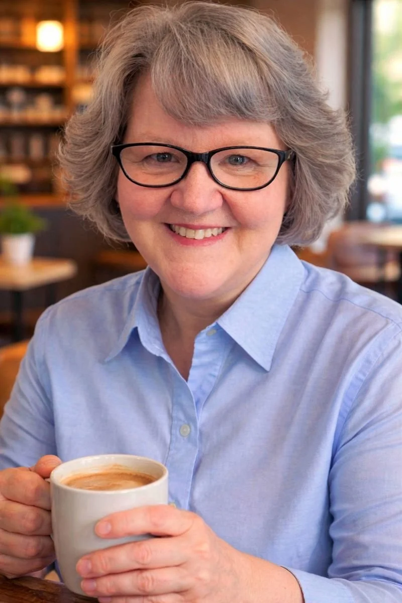 A smiling woman with gray hair and glasses holding a cup of coffee in a cozy cafe. This is Doula Rhonda, owner and doula of Bump2BabyDoulaServices LLC in Verona, WI, who is a birth, postpartum doula and breastfeeding counselor and childbirth educator