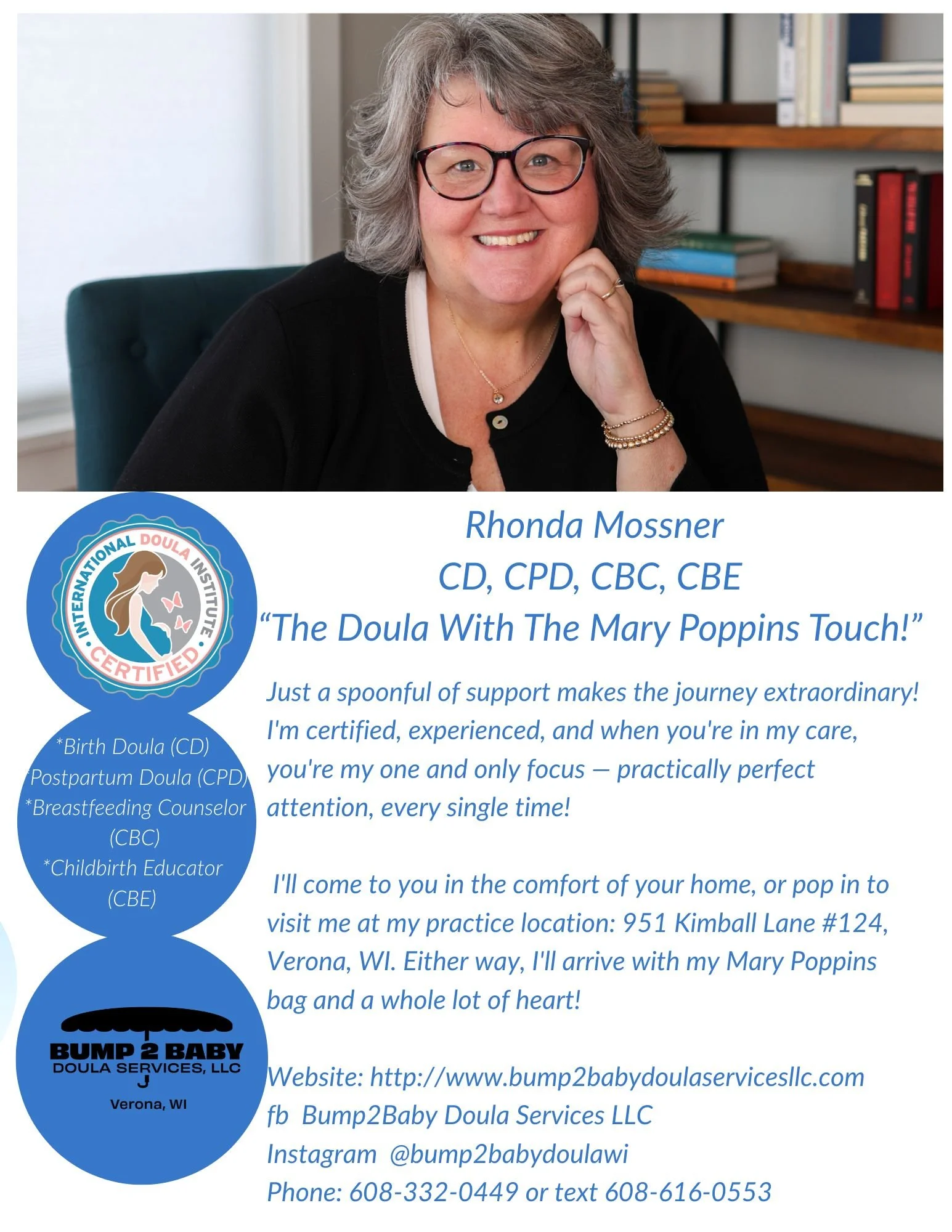 A smiling woman with gray hair and glasses, sitting in front of a bookshelf, promoting Doula services by Rhonda Mossner, including certifications and contact information.