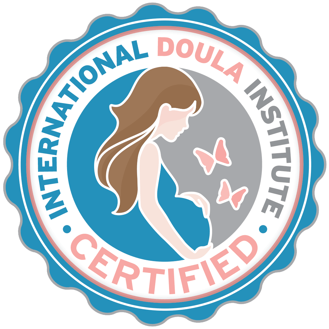 Badge with a young woman reading a book, surrounded by the words 'International Dula Institute Certified' and pink butterflies.