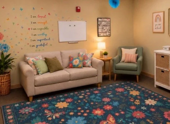 Living room with beige sofa, green armchair, and colorful floral rug. Wall decorated with positive affirmations, rainbow artwork, and a whiteboard. Side table with lamp and small plant. Blue paper lantern hanging from ceiling.