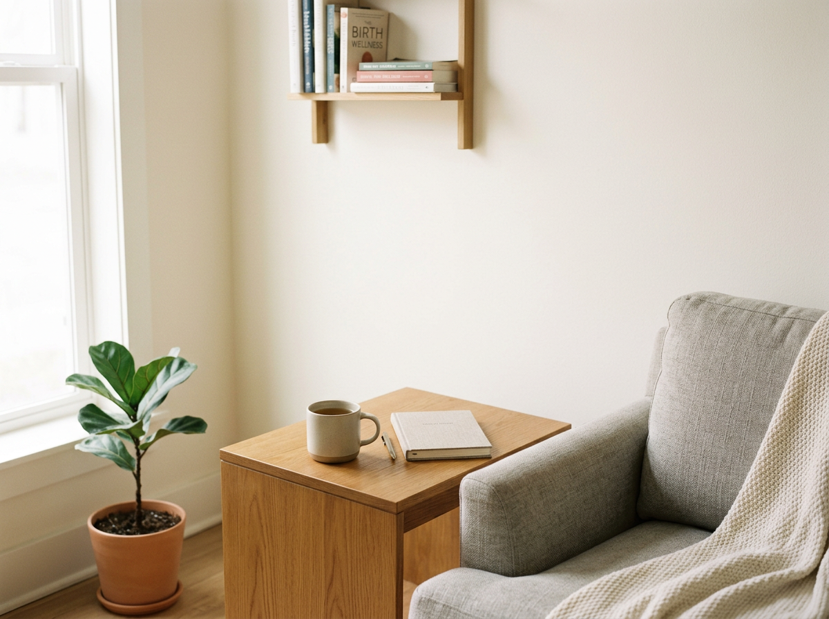 Cozy living room with a gray armchair draped with a cream blanket, wooden side table holding a mug, notebook, and pen, a potted plant, a window with natural light, and a wall-mounted bookshelf with books.