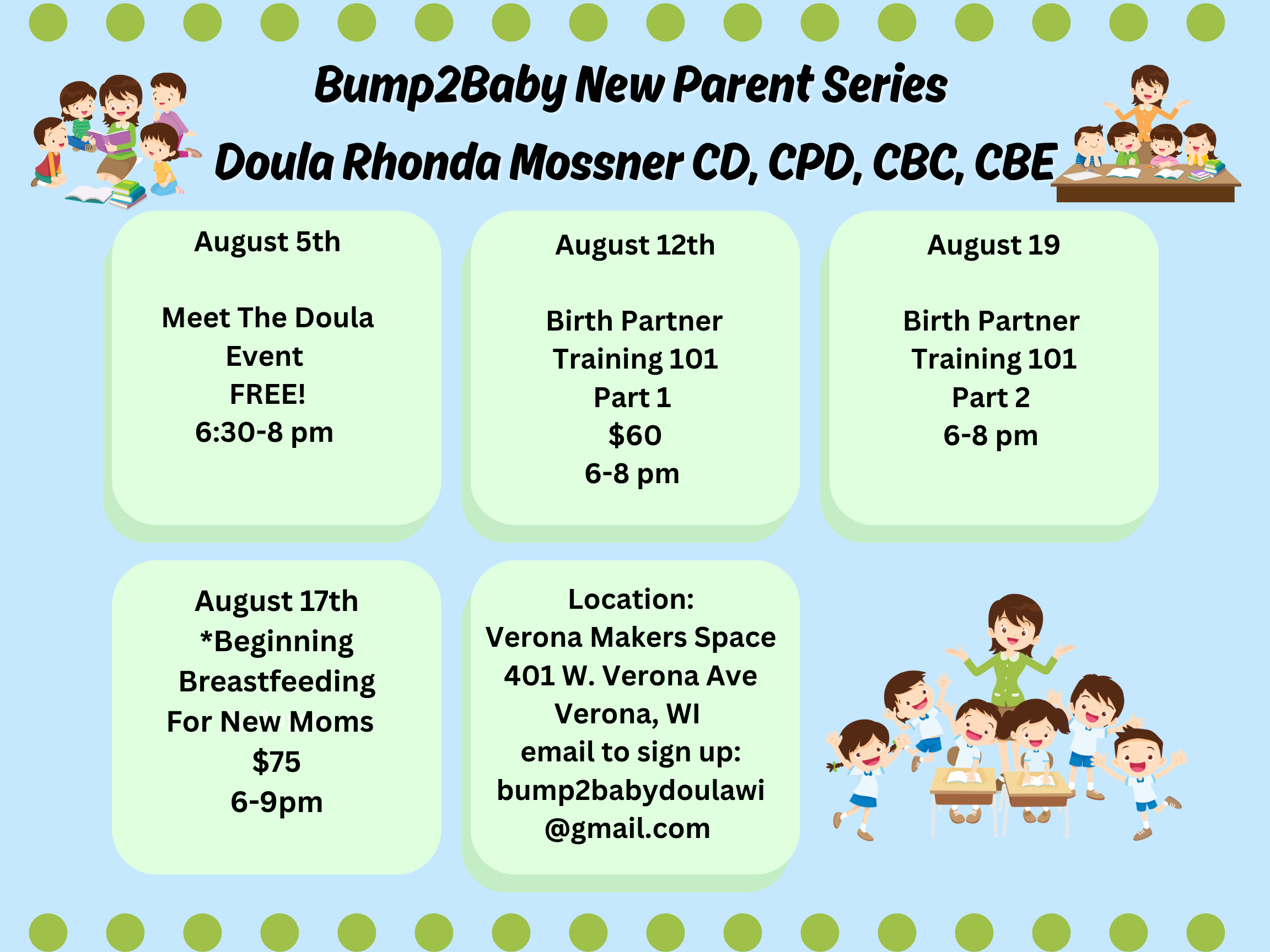 A colorful flyer for the Bump2Baby new parent series by Doula Rhonda Mossner, featuring cartoon illustrations of children and adults, with event dates, descriptions, and location details.