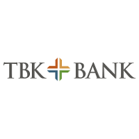 Logo of TBK Bank with black top half, white middle section featuring the bank's name, and black bottom half.