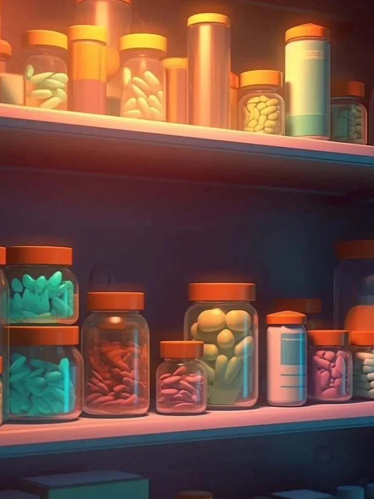 Shelf with various bottles and jars of pills and capsules in different colors, sizes, and shapes often used for medication or supplements.