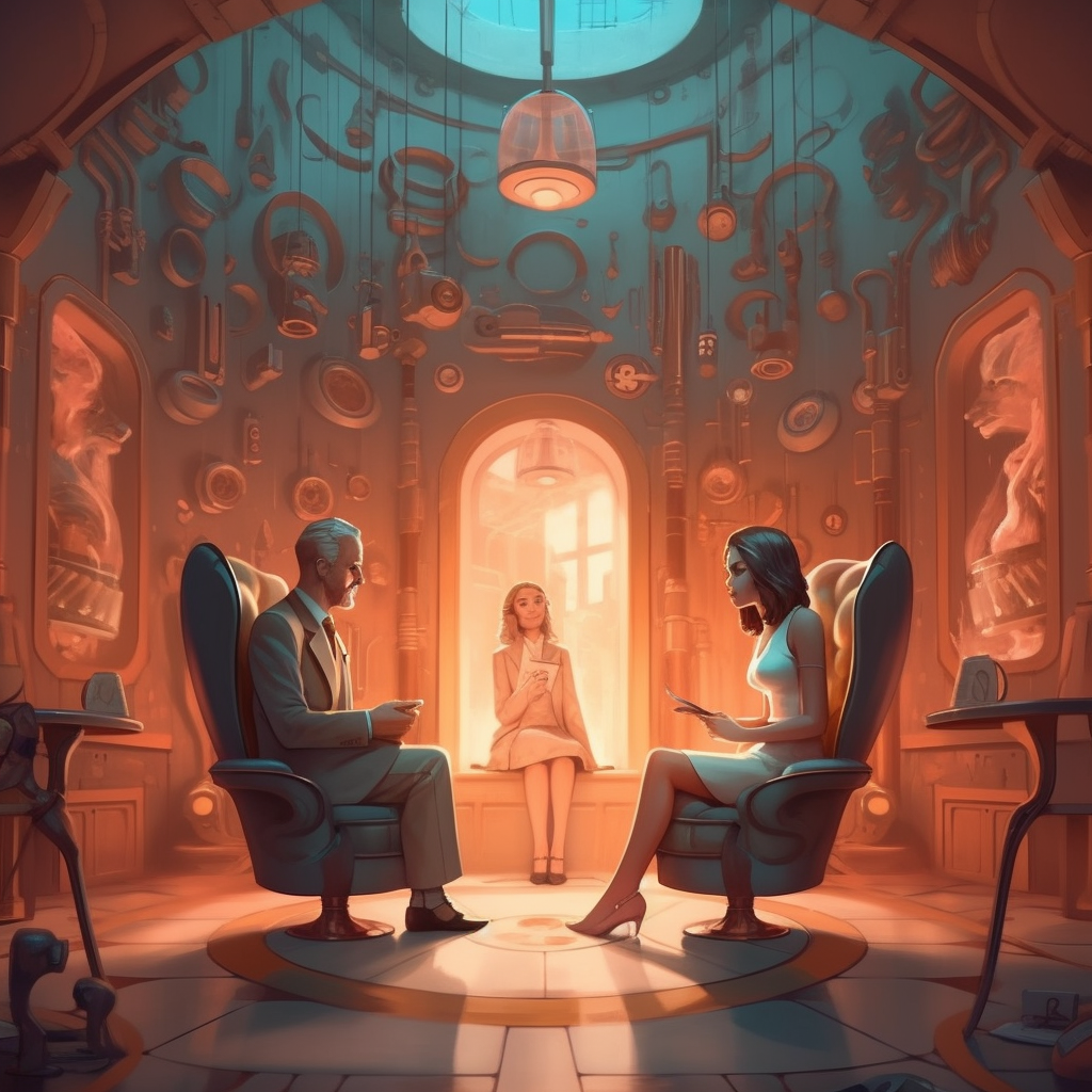 An illustrated futuristic therapy session taking place in a room with steampunk-inspired decor, featuring an elderly man and a younger woman sitting in armchairs facing each other, with a woman in a white dress sitting on a window sill observing.