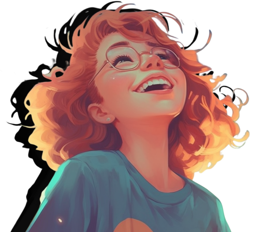 A animated portrait of a young woman with curly red hair, glasses, and a bright smile, wearing a blue shirt.