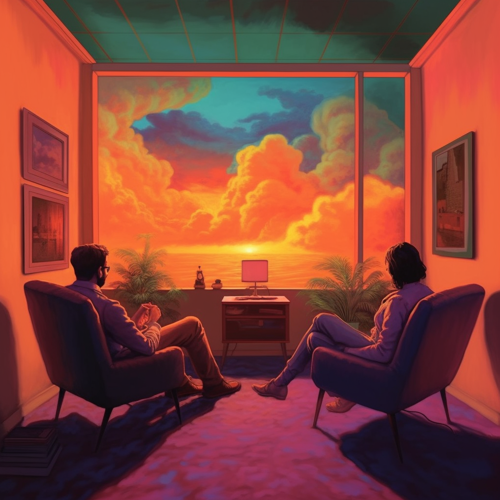 A digital painting of two people sitting in a living room, watching a vibrant sunset through a large window, with a sea and clouds in the background. The room has framed pictures on the walls, plants, a small table, and a lamp, and is illuminated by the sunset's warm glow.