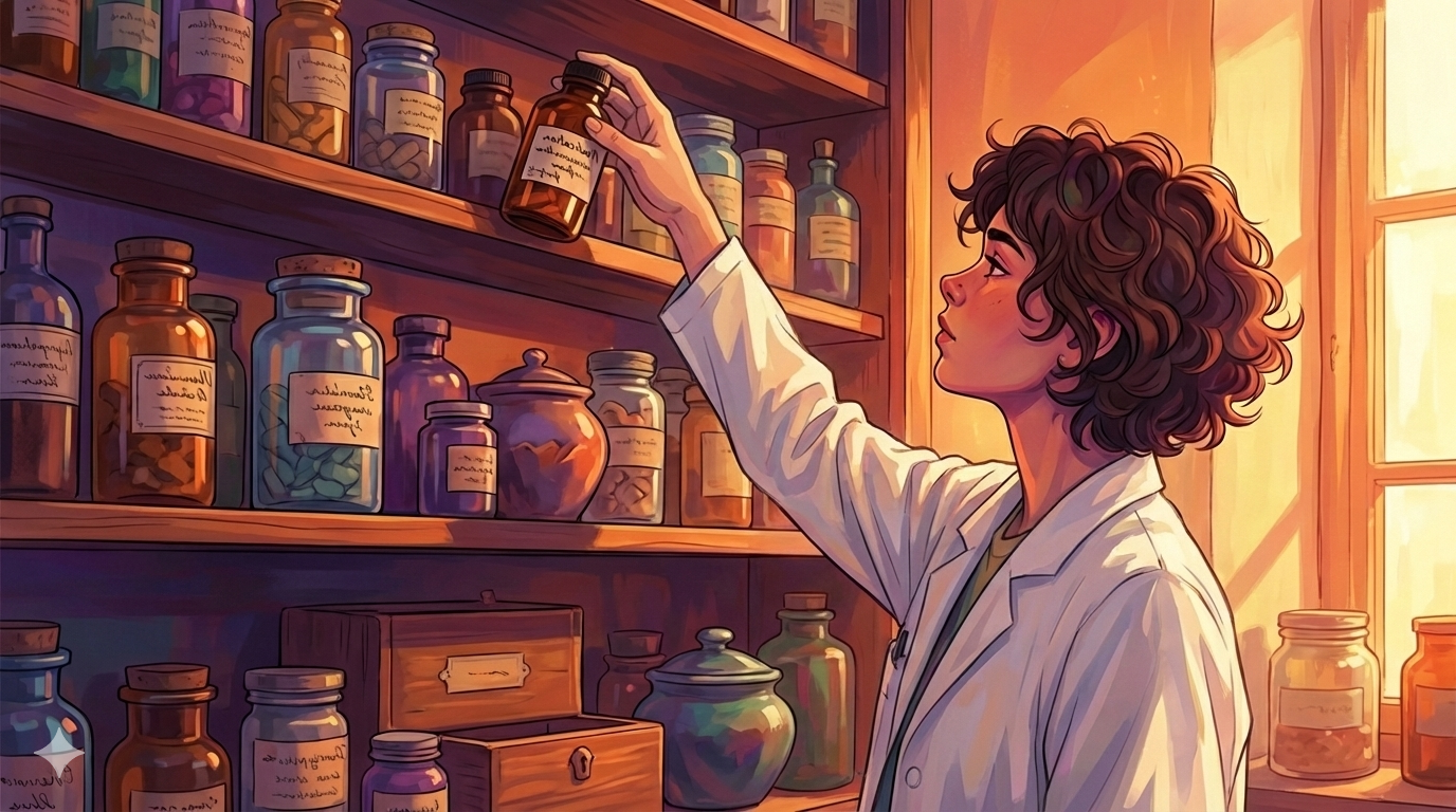 An illustrated person with curly hair in a white lab coat inspecting a bottle on a pharmacy or laboratory shelf with numerous other bottles and jars, illuminated by warm sunlight coming through a window.