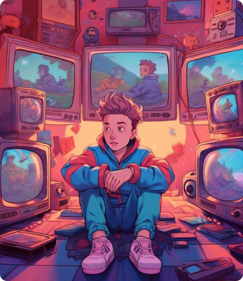 Young person sitting on the floor surrounded by multiple old television sets displaying colorful screens with different scenes, in a room with vibrant lighting and posters.