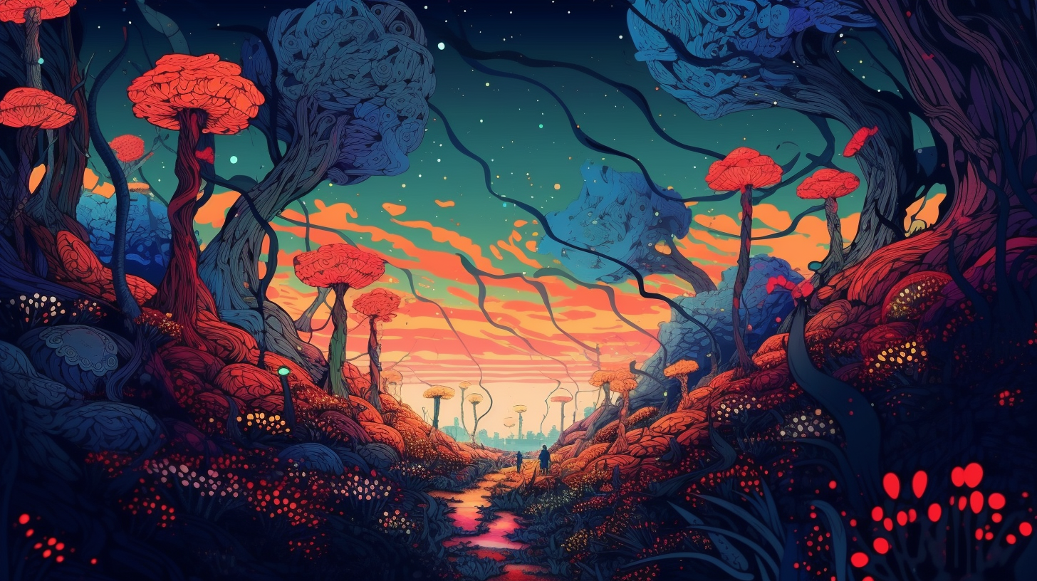 Fantasy landscape with giant mushrooms, twisting trees, and glowing plants during sunset