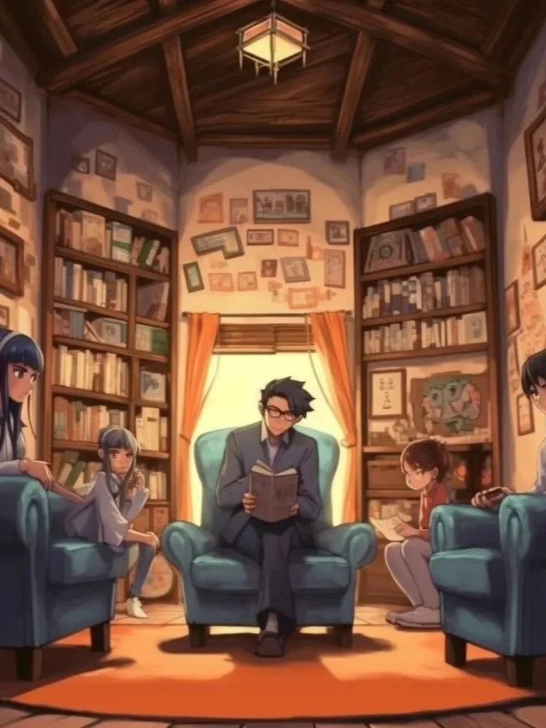 A provider and clients reading in a cozy library-styled office, with wooden shelves filled with books, orange curtains, and framed pictures on the walls.