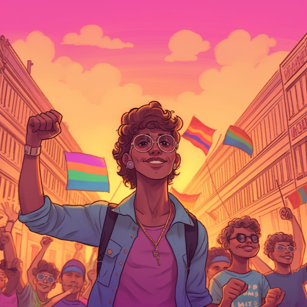 A diverse group of people protesting during sunset, carrying rainbow flags and smiling with fists raised, celebrating pride and equality.