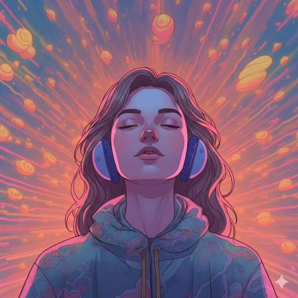 Digital illustration of a young woman with closed eyes, wearing headphones and a hoodie, with a vibrant, colorful background of radiating pink, orange, and purple hues and abstract shapes.
