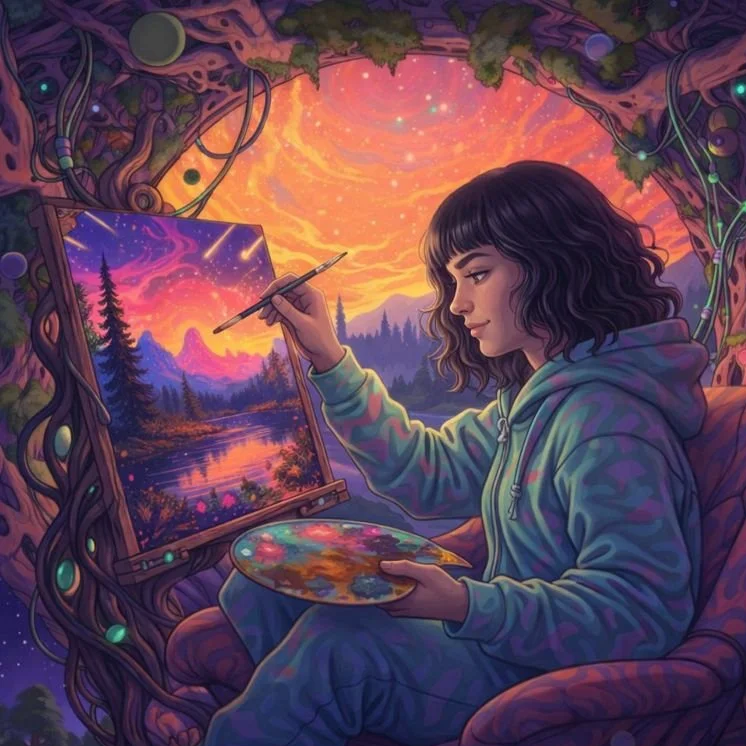 A young woman painting a landscape of a sunset over trees and mountains on a canvas inside a cozy, tree-shaped studio decorated with glowing lights and vines.