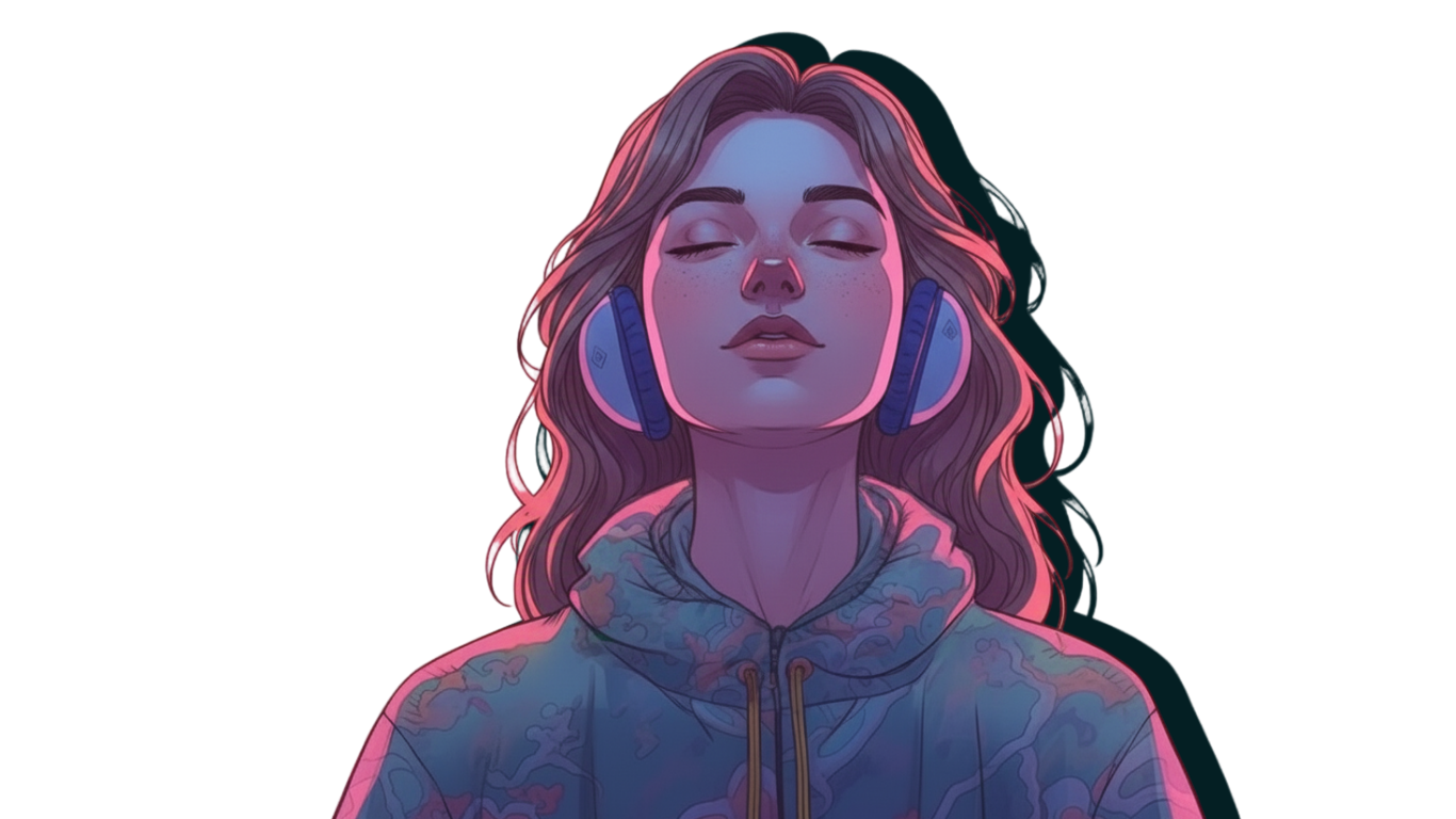 Digital illustration of a young woman with closed eyes, wearing large headphones, a colorful hoodie, and with wavy hair, appearing relaxed and calm.