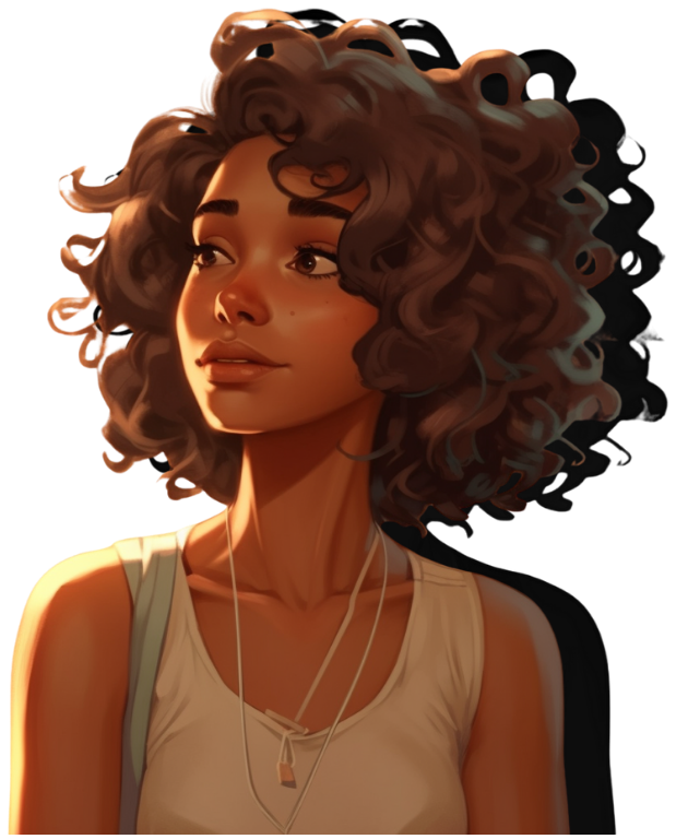 A woman with curly brown hair wearing a sleeveless beige top and white earphones, looking to the side with a serene expression.