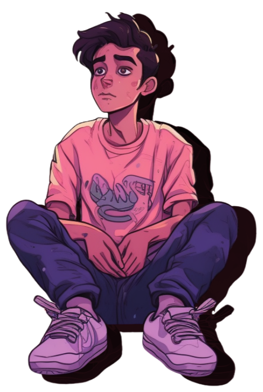 Cartoon illustration of a young man sitting cross-legged, wearing a pink sweatshirt, purple pants, and sneakers, with a contemplative expression.