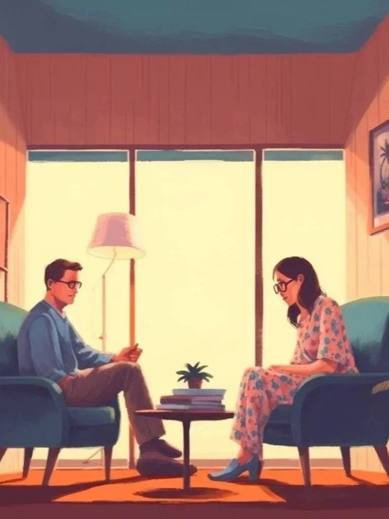 An illustrated scene of a woman and a man sitting on opposite blue chairs in an office, facing each other, with a small table with books and a potted plant between them, sunlight streaming through large windows behind them.