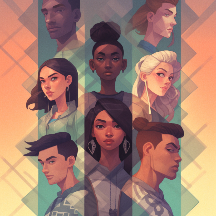 Illustration of nine diverse characters with varied hairstyles and facial features, arranged in a geometric pattern with warm and cool background colors.