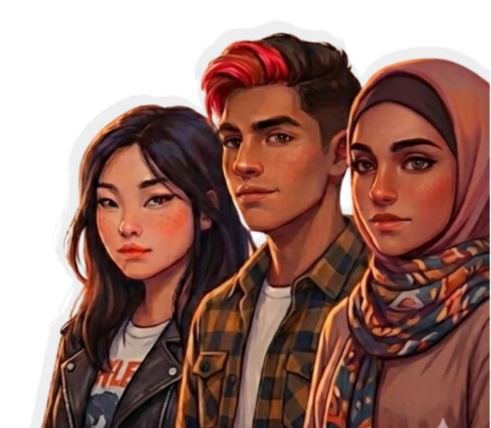 Three young people standing side by side, two women and one man, with diverse ethnic appearances and modern clothing and hairstyle.
