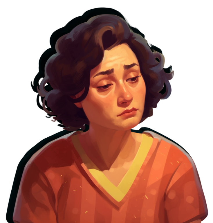 A woman with shoulder-length, wavy dark hair, wearing an orange shirt with yellow trim, appears sad or contemplative.