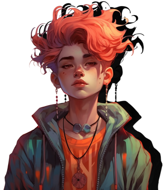 A digital painting of a young person with tousled, vibrant orange hair. They wear earrings, layered necklaces, an orange shirt, and a green jacket. The background is dark, highlighting their detailed facial features and expressive look.